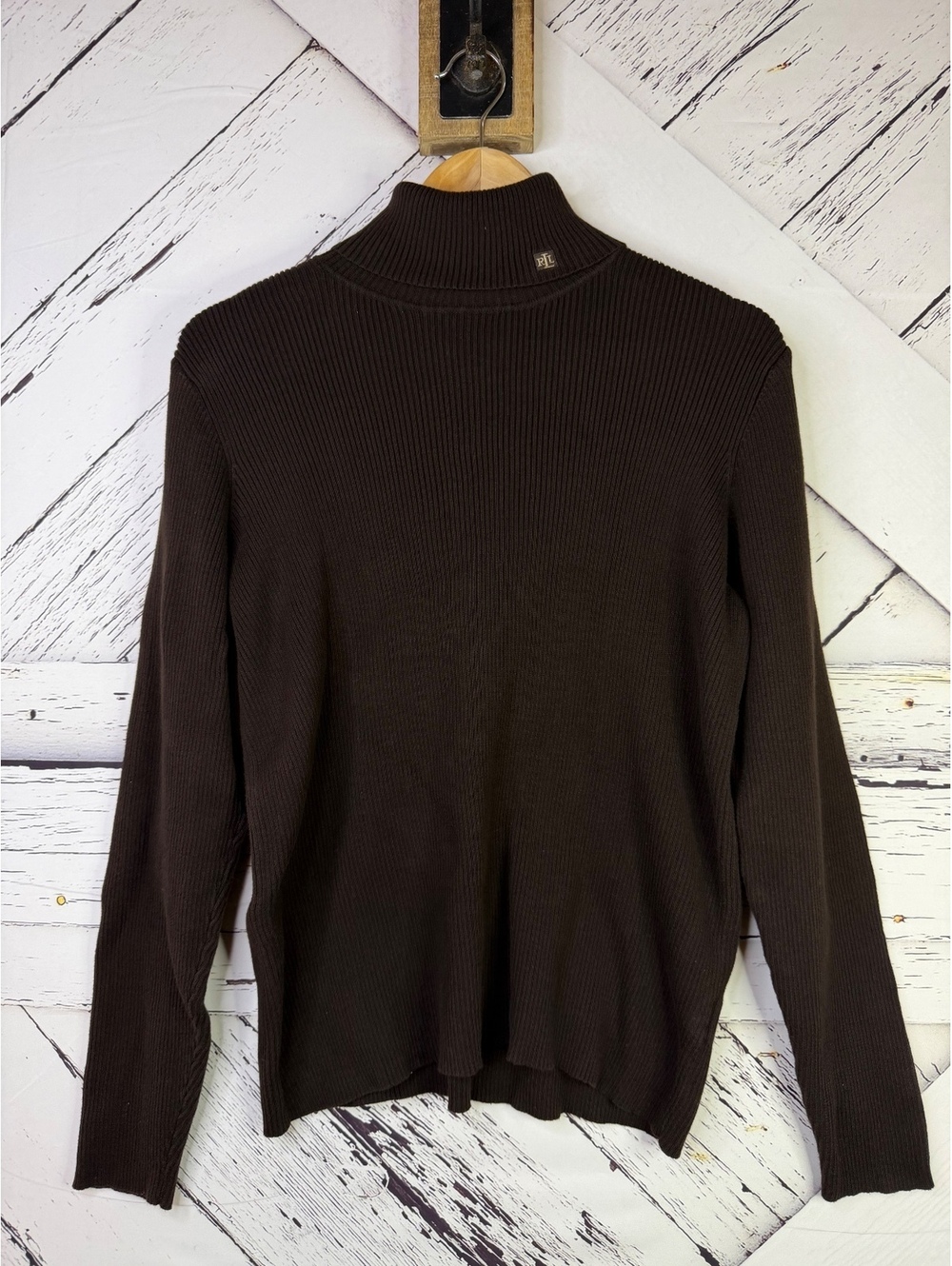 VTG Ralph Lauren Chocolate Brown Turtle Neck Pullover Ribbed Sweater Women’s XL